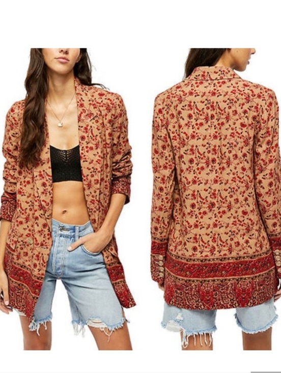 Free People Jackets & Blazers - Free People Bellflower Floral Print Linen Blend Long Blazer Jacket Womens Size L